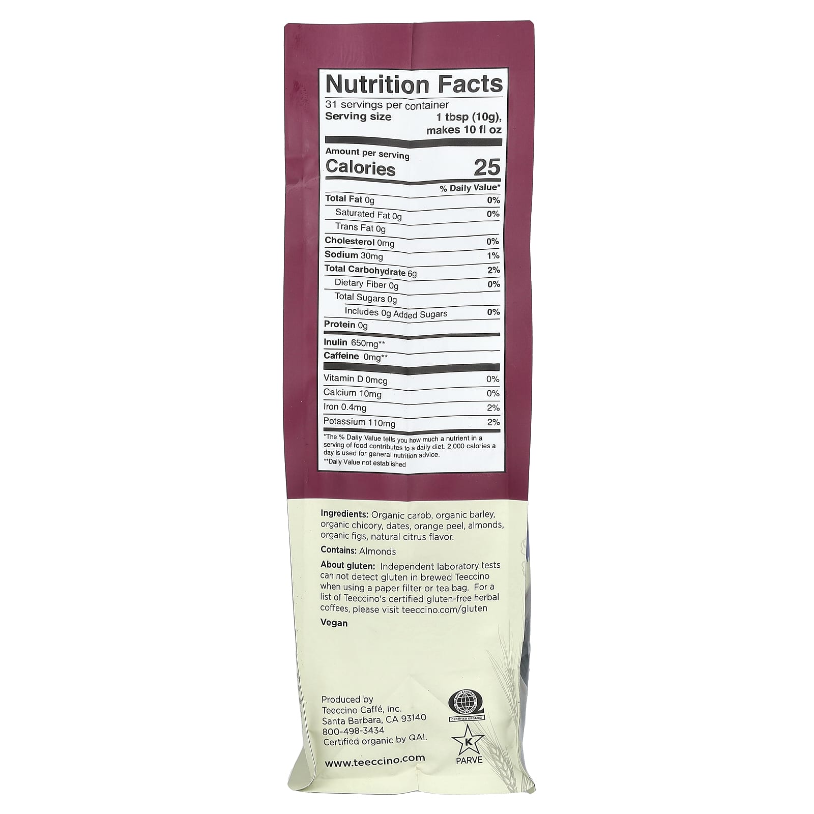 Teeccino, Chicory Herbal Coffee, Orange, Light Roast, Caffeine Free, 11 oz (312 g) - Image 2