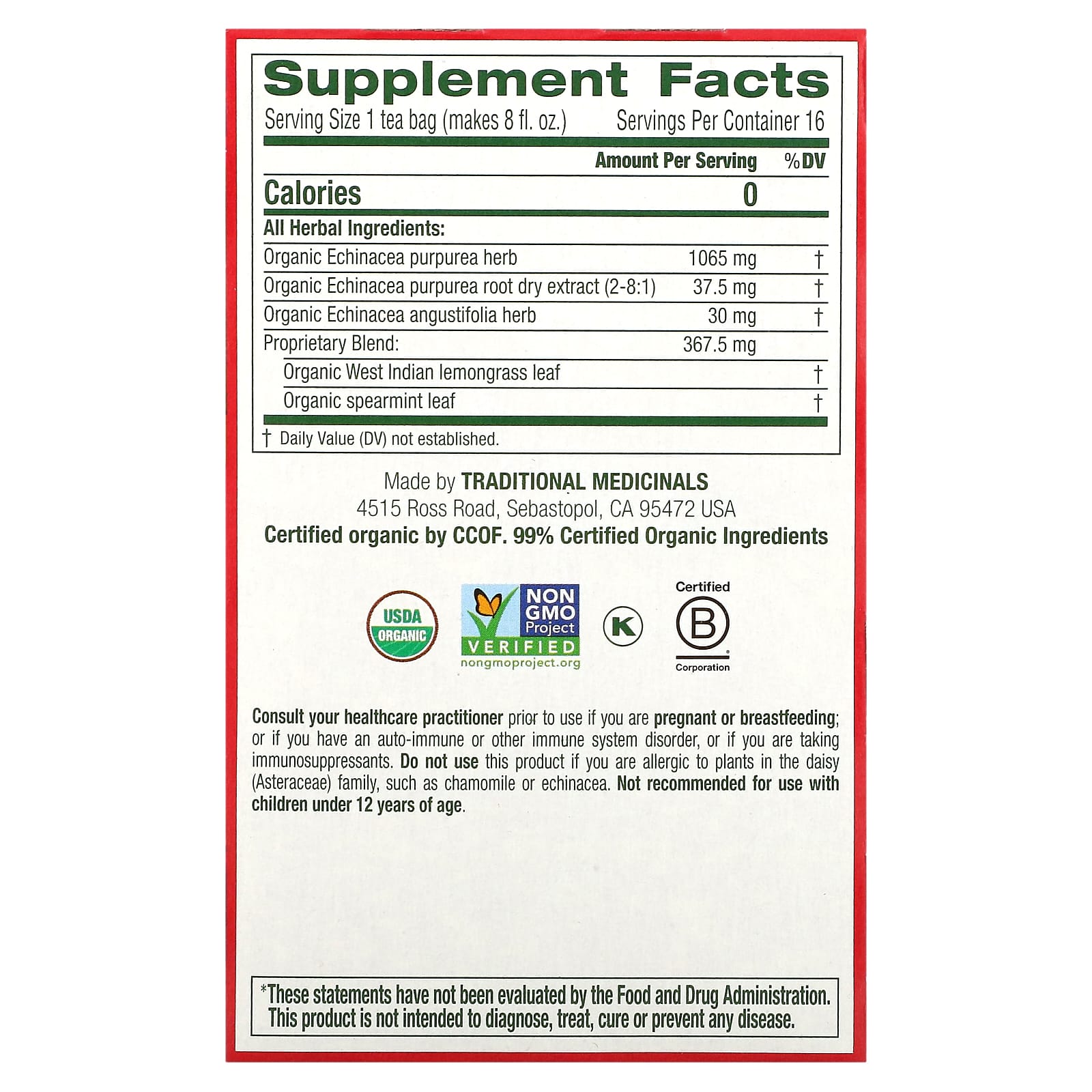 Traditional Medicinals, Organic Echinacea Plus, Original with Spearmint, Caffeine Free, 16 Wrapped Tea Bags, 0.85 oz (24 g) - Image 2