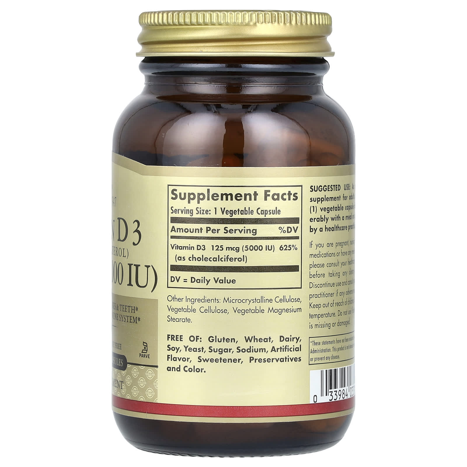Solgar, Vitamin D3 (Cholecalciferol), 125 mcg (5000 IU), 120 Vegetable Capsules - Image 2