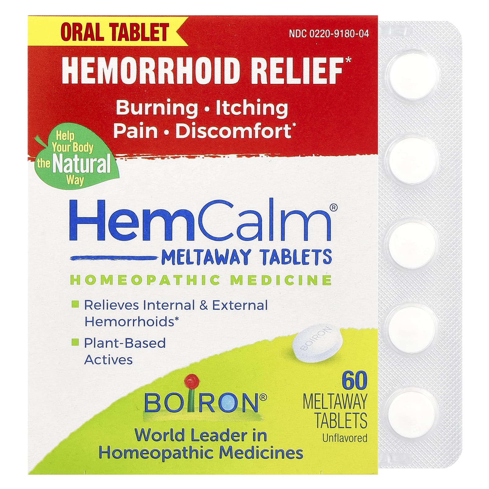 Boiron HemCalm Unflavored 60 Meltaway Tablets for Hemorrhoid Relief - Image 1