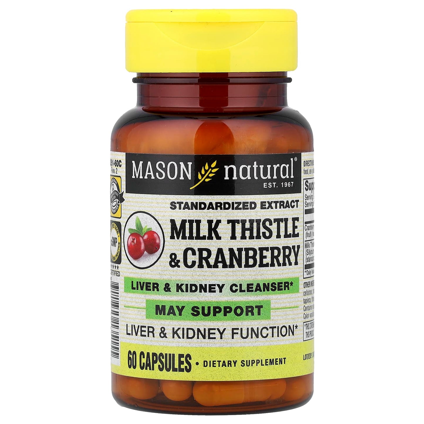 Mason Natural, Milk Thistle & Cranberry, Standardized Extract, 60 Capsules - Image 1