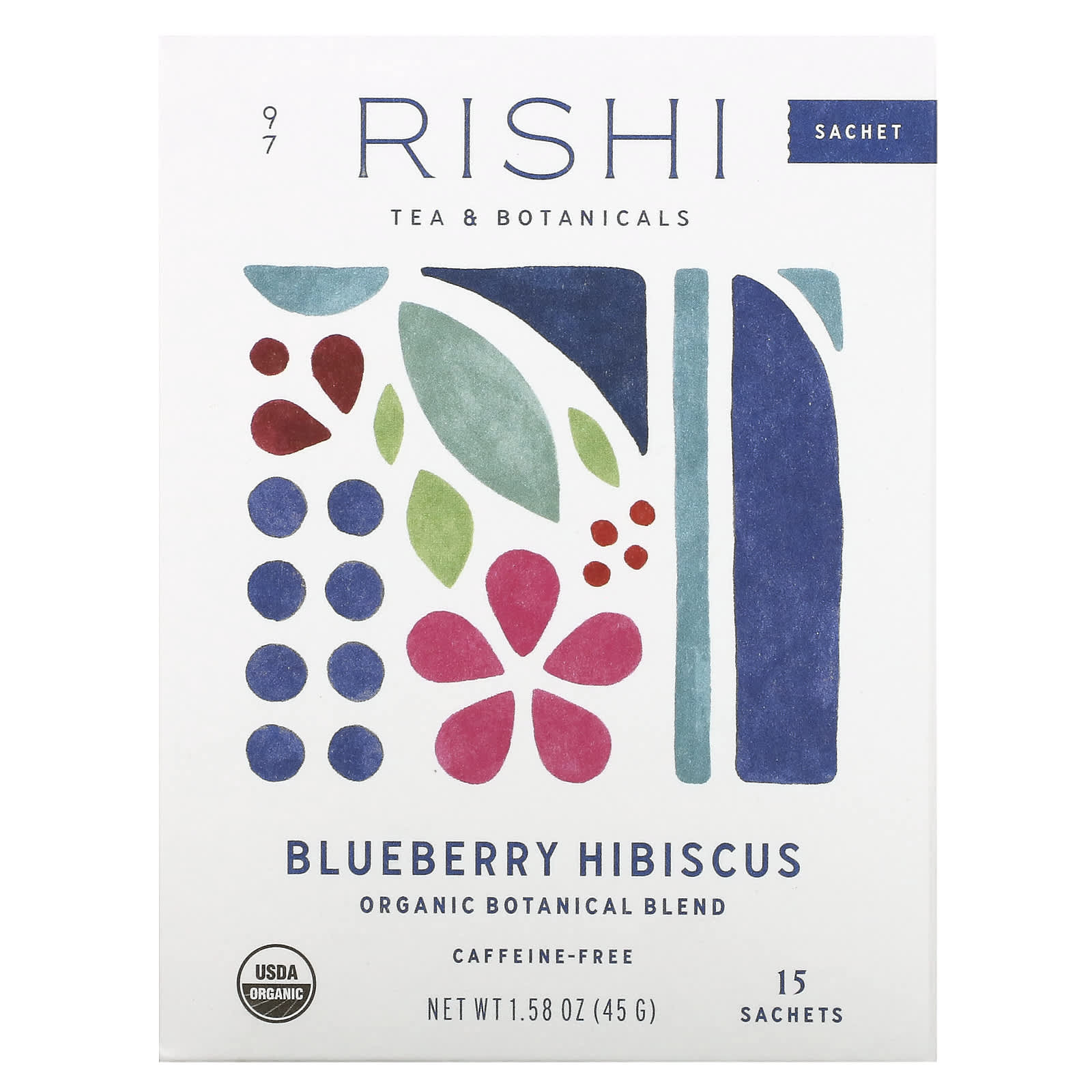Rishi Tea, Organic Botanical Blend, Blueberry Hibiscus, Caffeine-Free, 15 Sachets, 1.58 oz (45 g) - Image 1