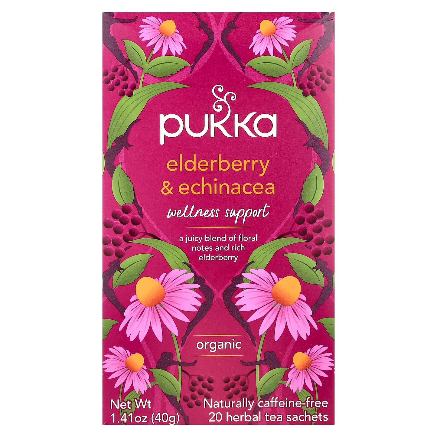 Pukka Herbs, Organic Herbal Tea, Elderberry & Echinacea, Caffeine Free, 20 Sachets, 1.41 oz (40 g) - Image 1