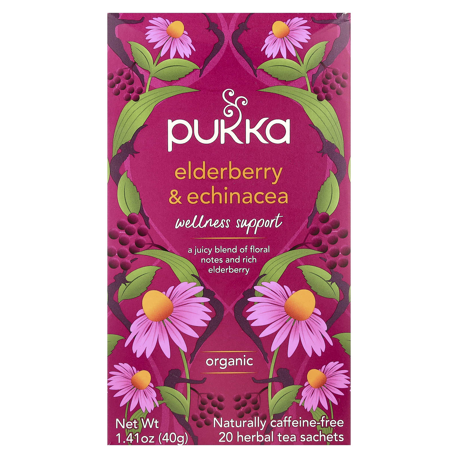 Pukka Herbs, Organic Herbal Tea, Elderberry & Echinacea, Caffeine Free, 20 Sachets, 1.41 oz (40 g) - Image 1