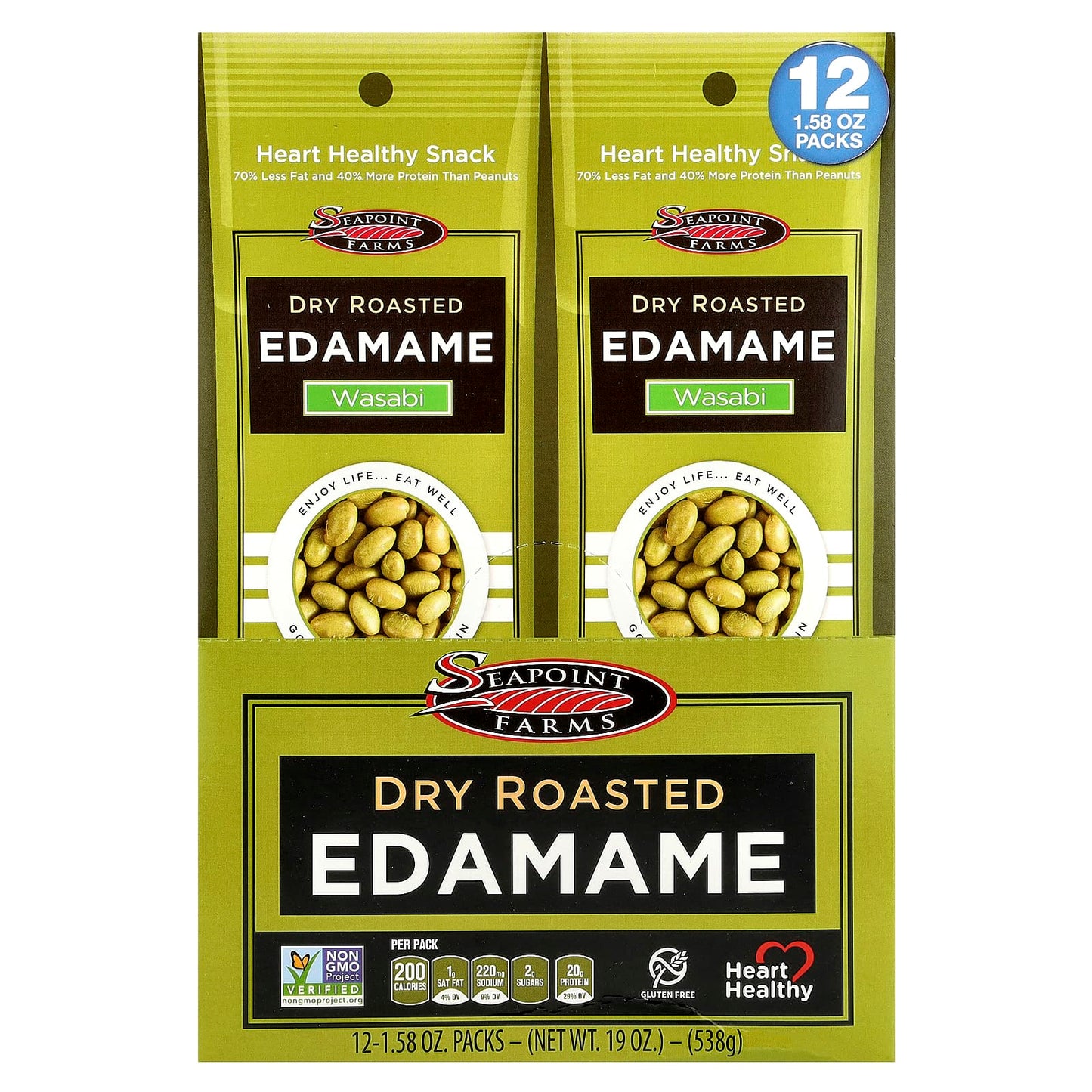 Seapoint Farms, Dry Roasted Edamame, Wasabi, 12 Packs, 1.58 oz (45 g) Each - Image 1