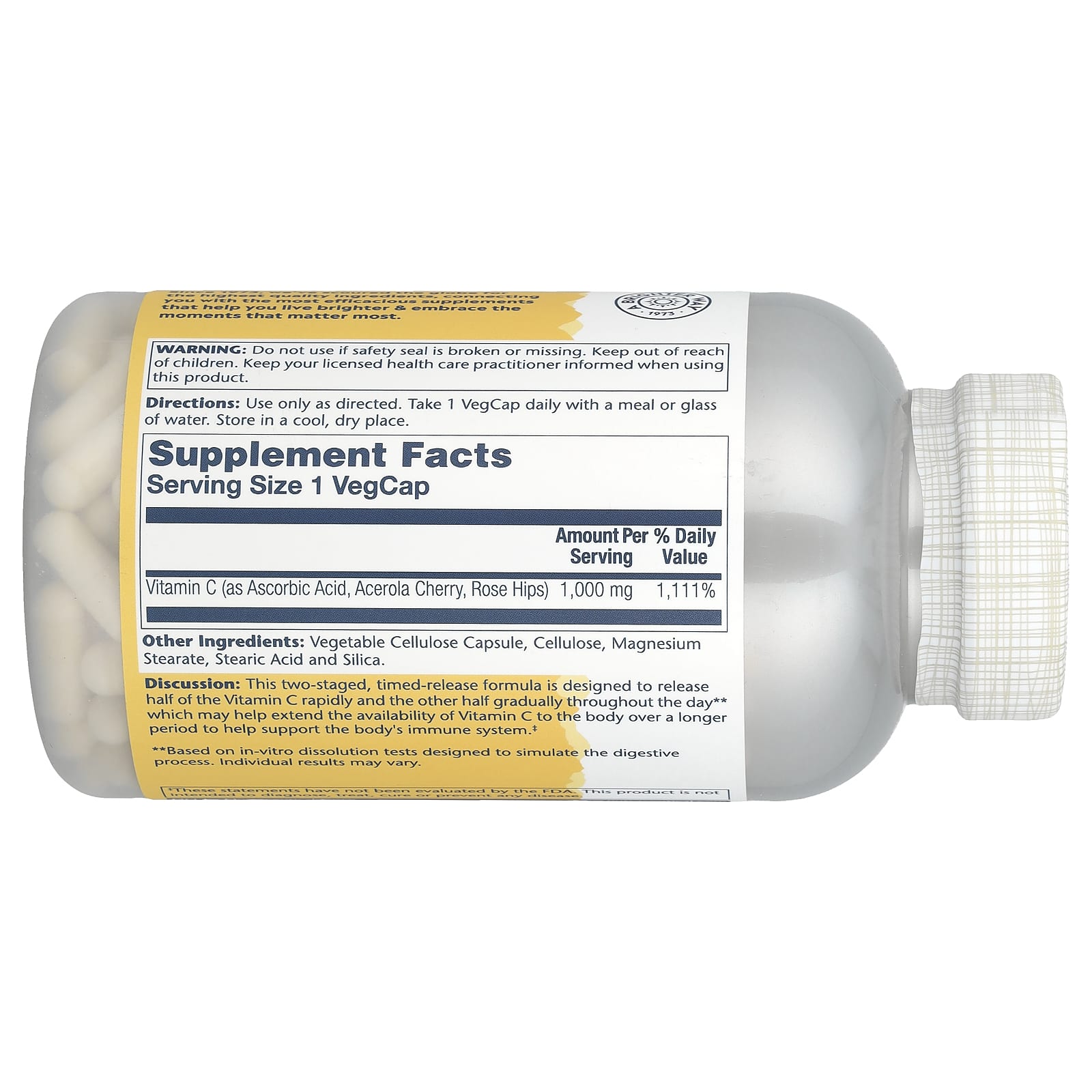 Solaray, Timed Release Vitamin C with Rose Hips & Acerola, 1,000 mg, 250 VegCaps - Image 2