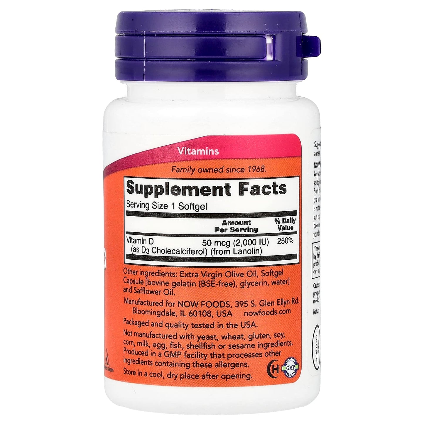 NOW Foods, Vitamin D-3, 2,000 IU, 30 Softgels - Image 2