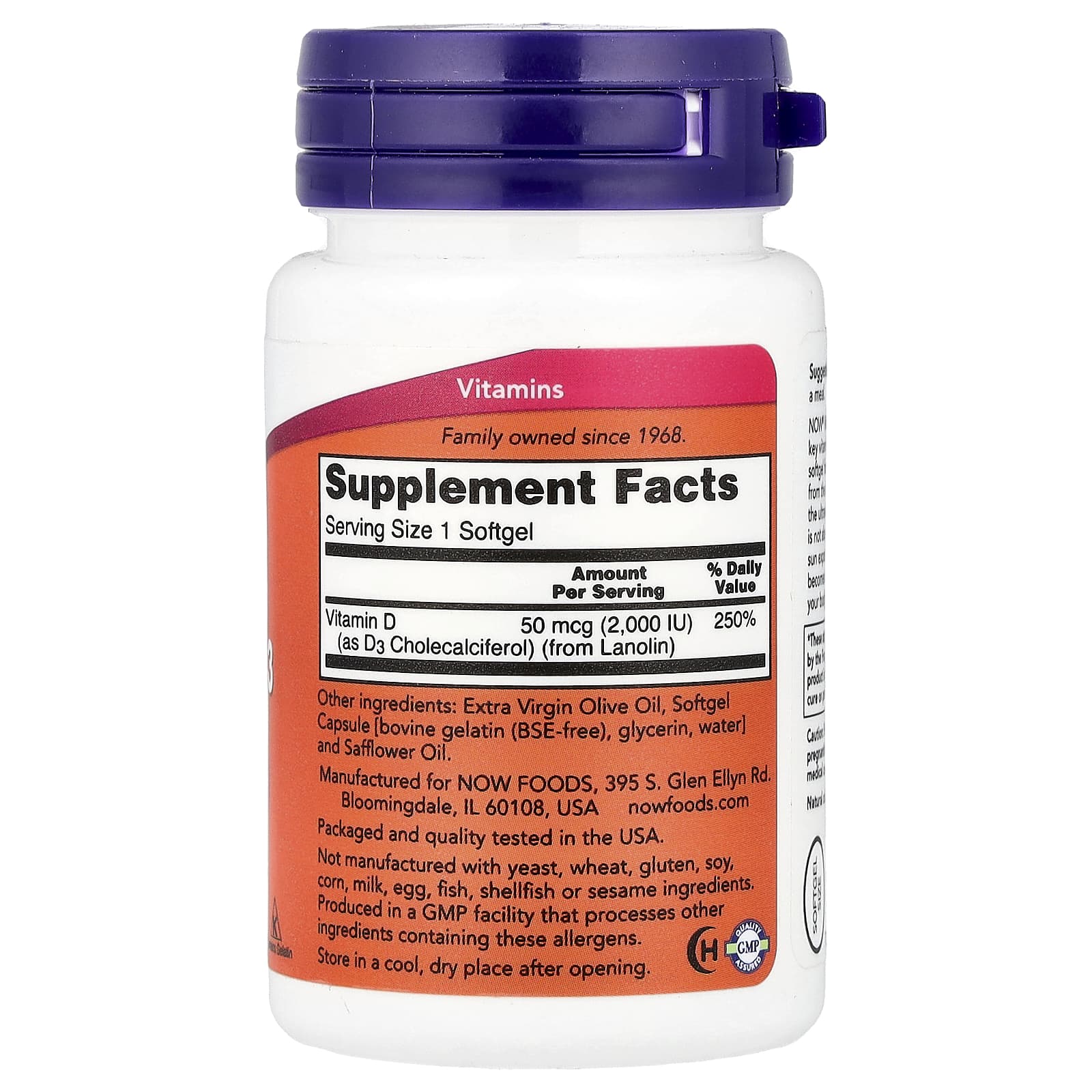 NOW Foods, Vitamin D-3, 2,000 IU, 30 Softgels - Image 2