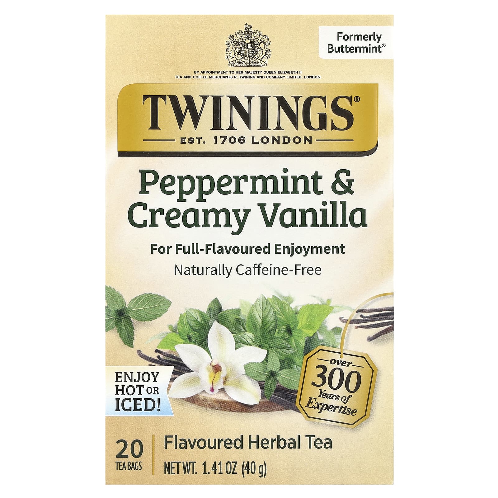 Twinings, Flavored Herbal Tea, Peppermint & Creamy Vanilla, Caffeine Free, 20 Tea Bags, 1.41 oz (40 g)