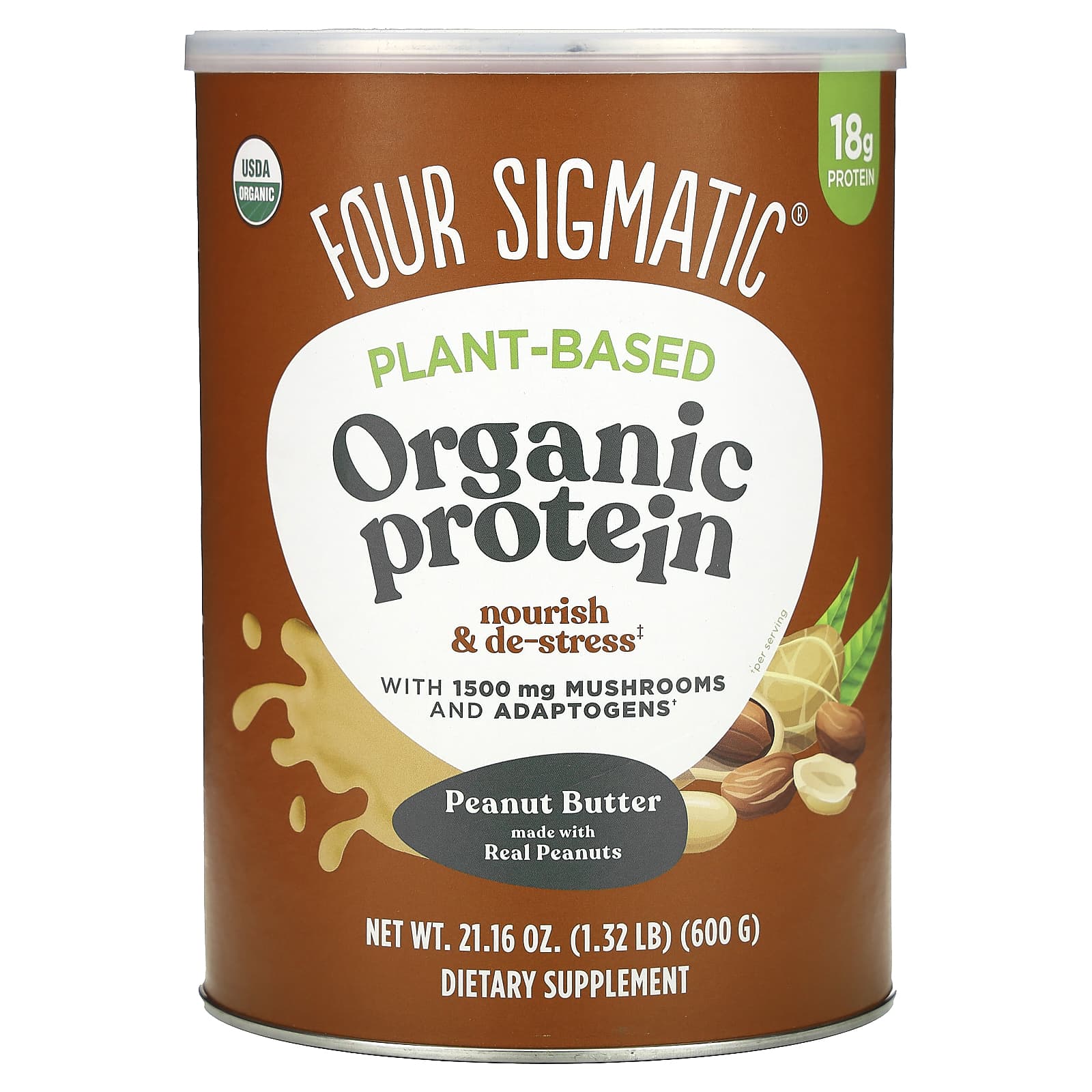 Four Sigmatic Peanut Butter Plant-Based Protein Powder, 18g Protein, USDA Organic - Image 1