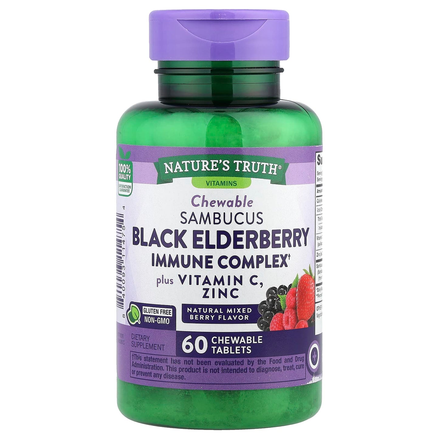 Nature's Truth, Sambucus Black Elderberry Immune Complex Plus Vitamin C & Zinc, Natural Mixed Berry, 60 Chewable Tablets - Image 1
