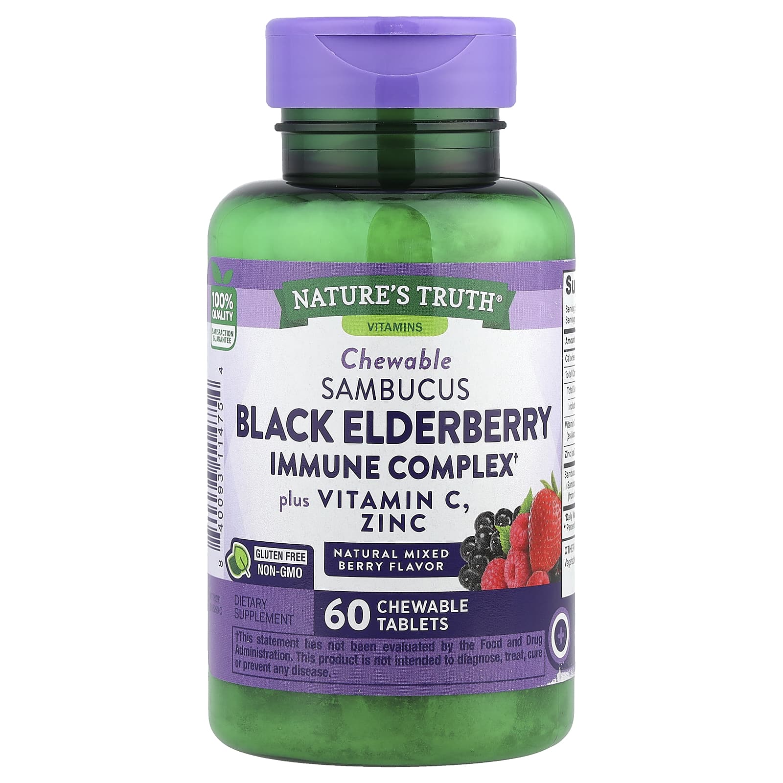Nature's Truth, Sambucus Black Elderberry Immune Complex Plus Vitamin C & Zinc, Natural Mixed Berry, 60 Chewable Tablets - Image 1