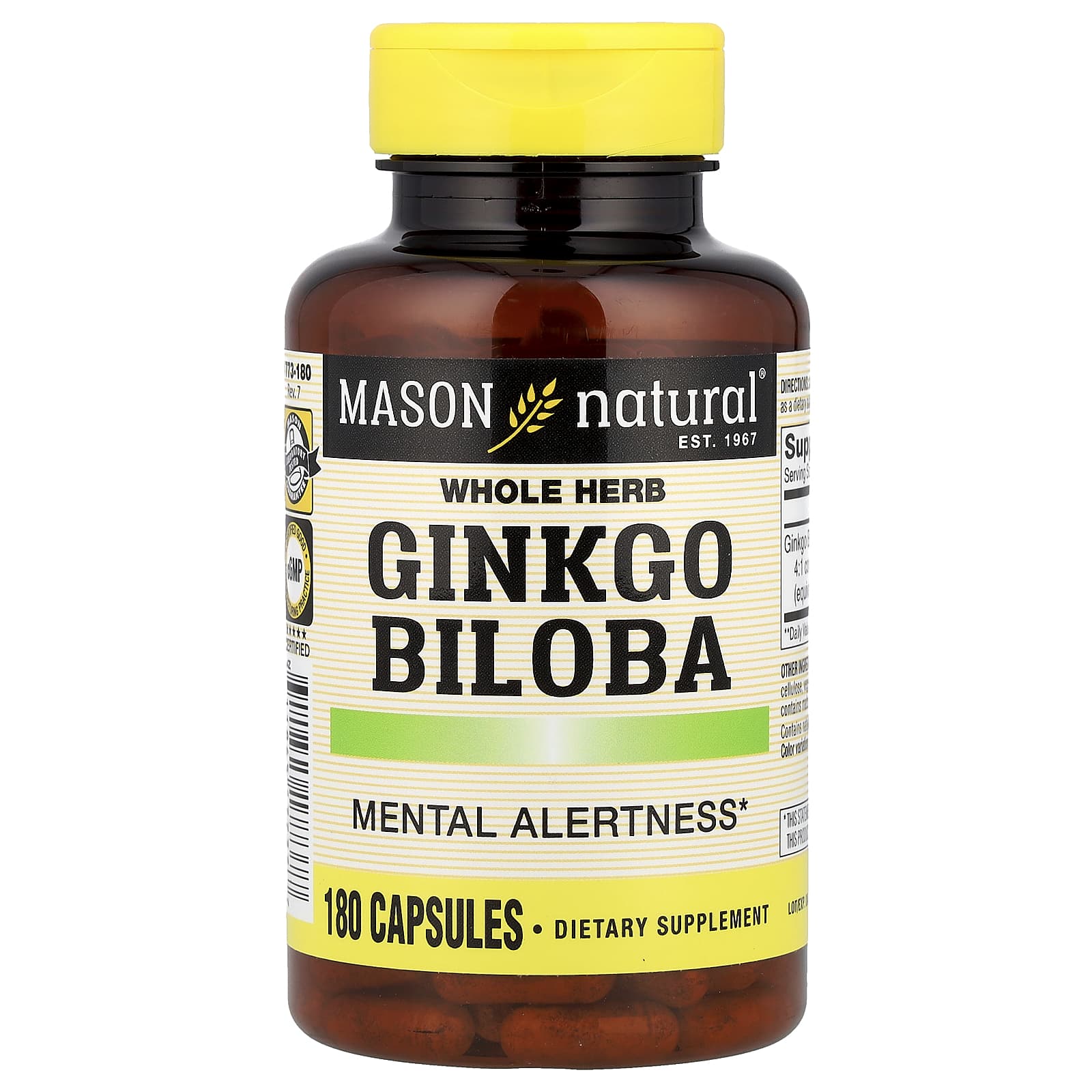 Mason Natural, Whole Herb Ginkgo Biloba, 180 Capsules (125 mg per Capsule) - Image 1