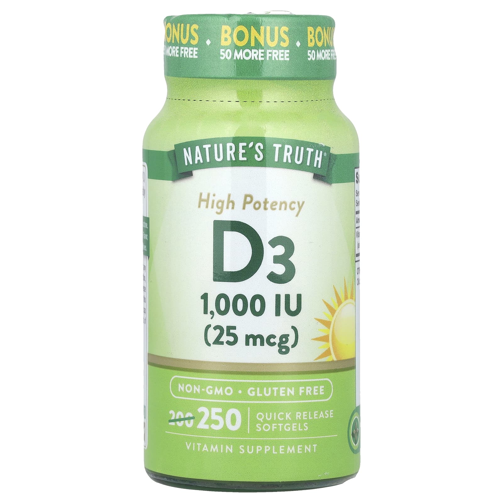 Nature's Truth, Vitamin D3, High Potency , 25 mcg (1,000 IU), 250 Quick Release Softgels - Image 1