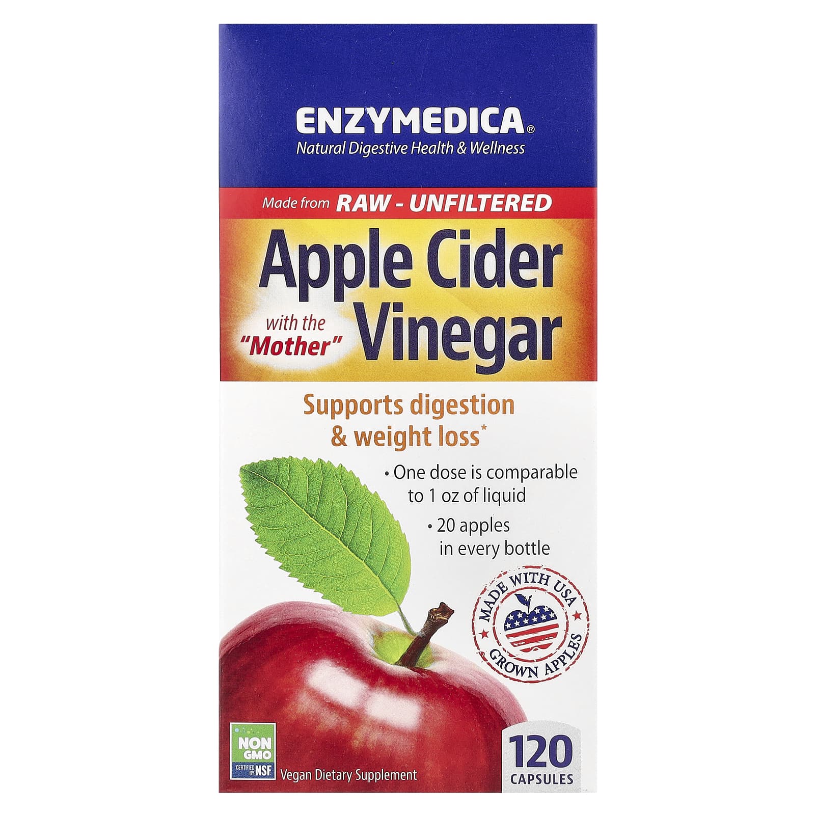 Apple Cider Vinegar with Mother, 120 Capsules for Digestive Health - Image 1