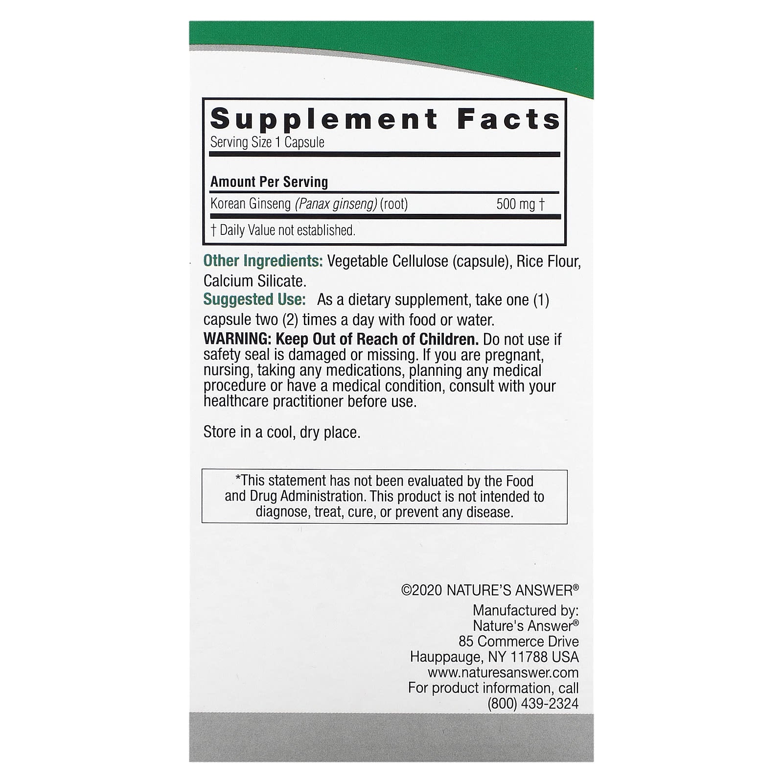 Nature's Answer, Korean Ginseng, 500 mg, 50 Vegetarian Capsules - Image 2