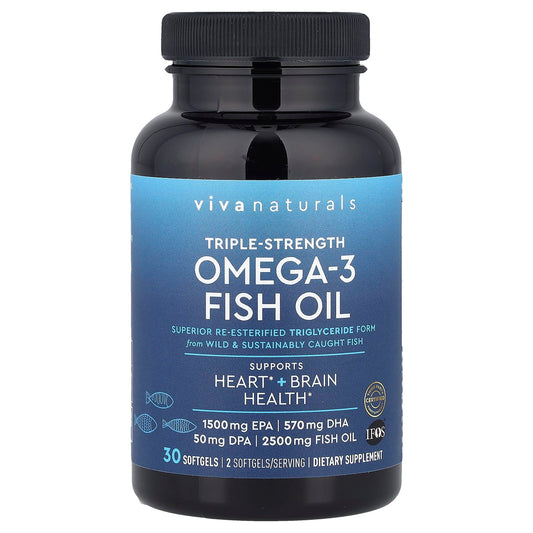 Viva Naturals, Omega-3 Fish Oil, Triple-Strength, 30 Softgels (1,250 mg per Softgel) - Image 1