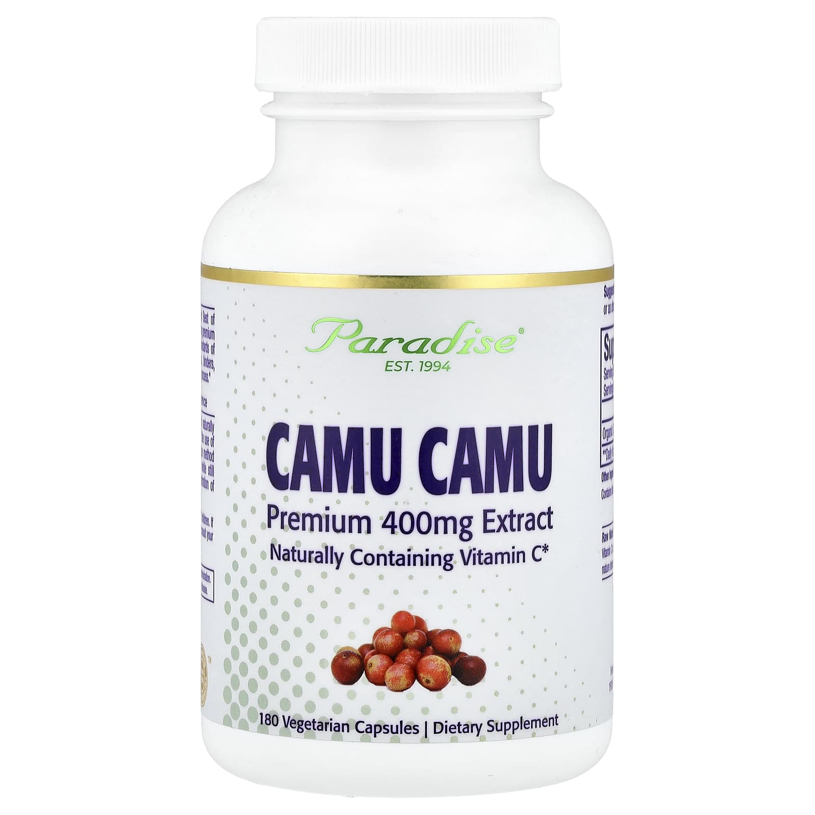 Paradise Herbs, Camu Camu Premium Extract, 400 mg, 180 Vegetarian Capsules - Image 1