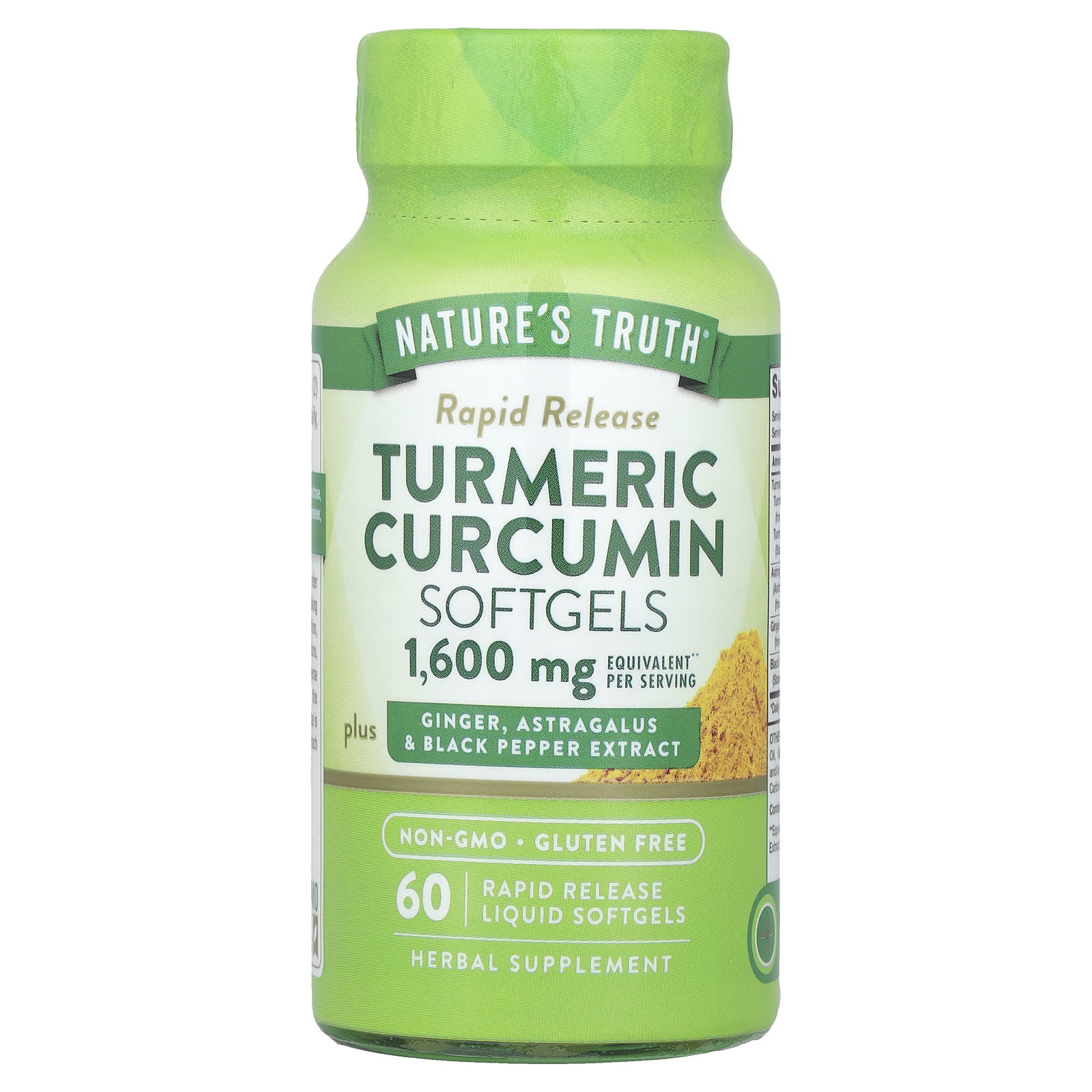 Nature's Truth, Turmeric Curcumin plus Ginger, Astragalus & Black Pepper Extract, 60 Rapid Release Liquid Softgels - Image 1