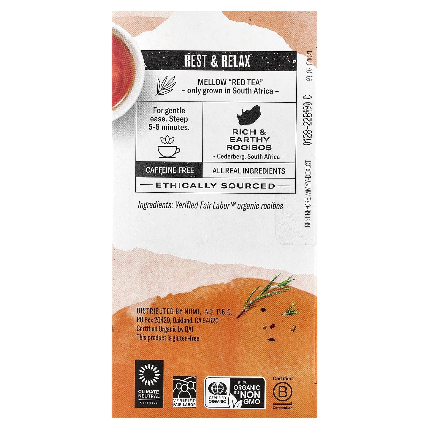Numi Tea, Organic Herbal Teasan, Rooibos, Caffeine Free, 18 Non-GMO Tea Bags, 1.52 oz (43.2 g) - Image 2