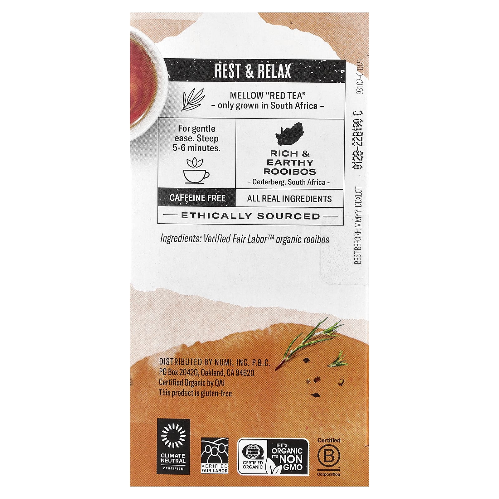 Numi Tea, Organic Herbal Teasan, Rooibos, Caffeine Free, 18 Non-GMO Tea Bags, 1.52 oz (43.2 g) - Image 2
