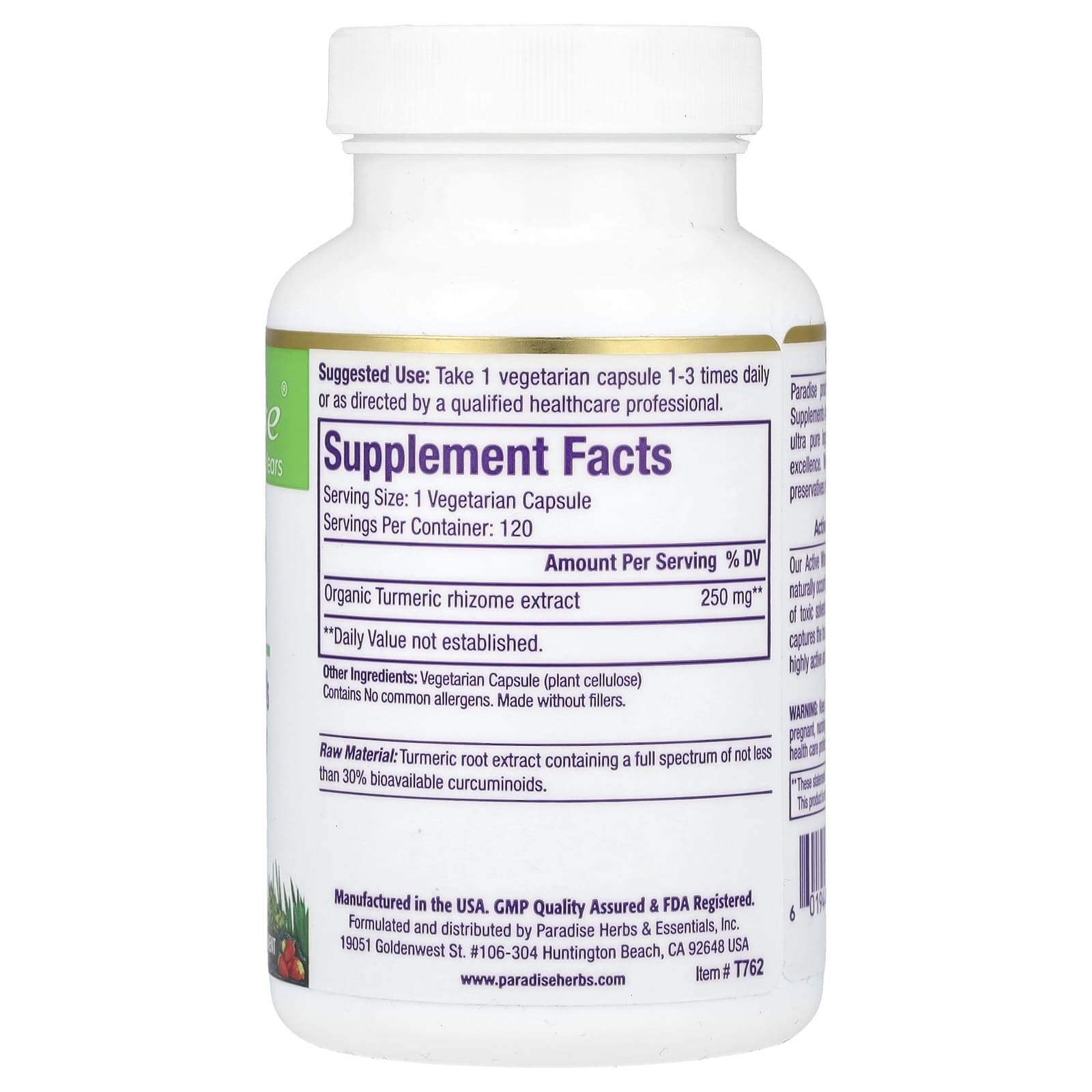 Paradise Herbs, Turmeric, 120 Vegetarian Capsules (250 mg per Capsule) - Image 2