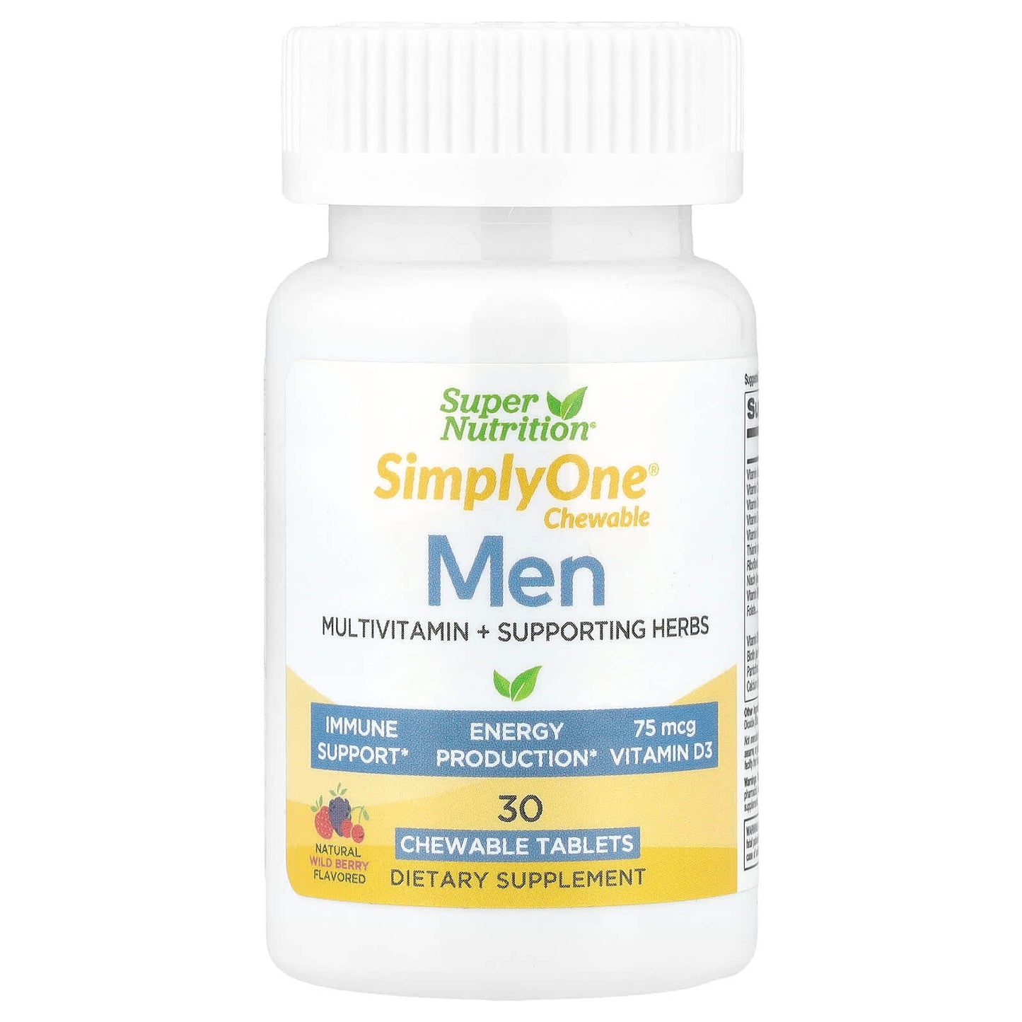 Super Nutrition, SimplyOne®, Men’s Multivitamin + Supporting Herbs with Vitamin A, Vitamin C, Organic Whole Food and Botanical Blend, Wild-Berry, 30 Chewable Tablets - Image 1