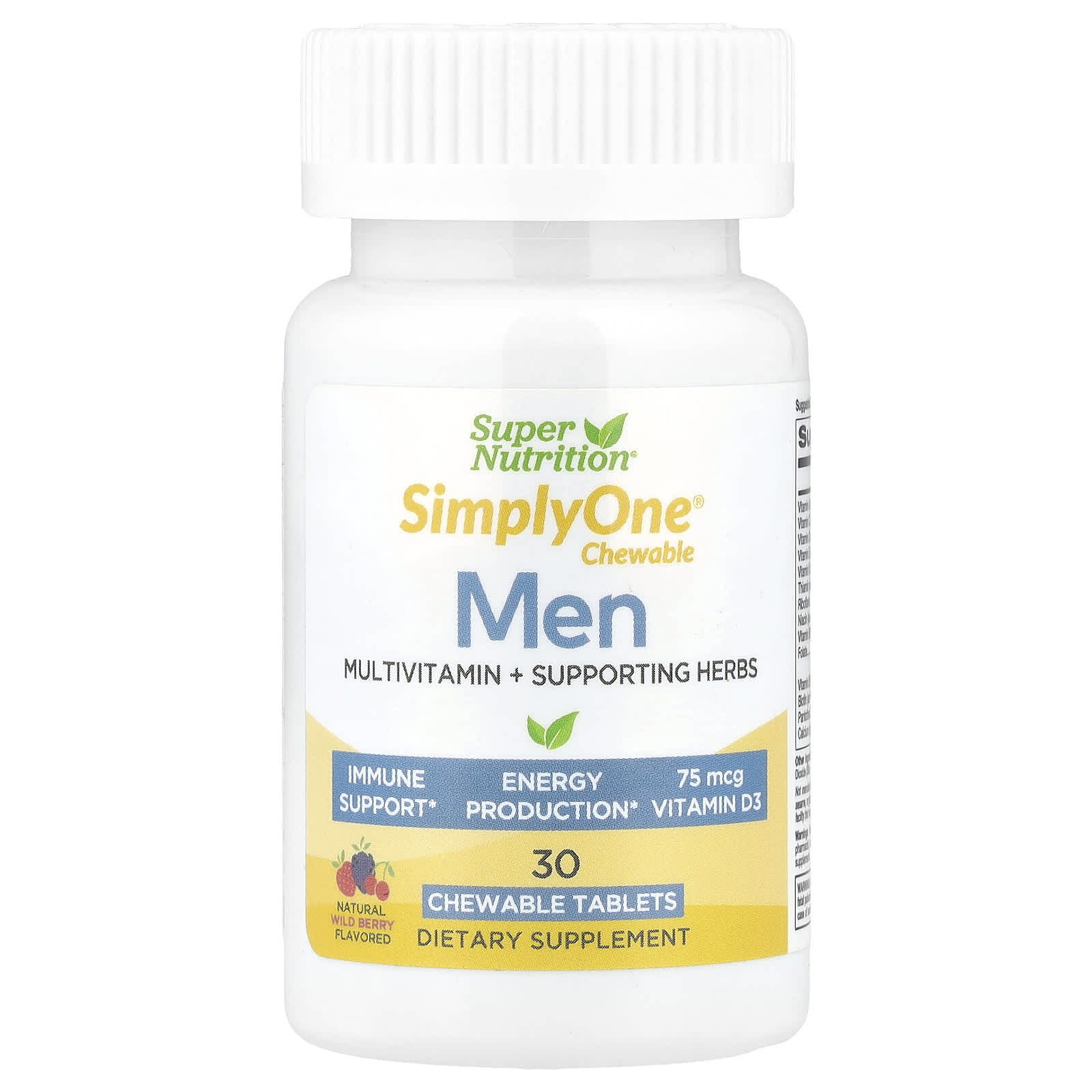 Super Nutrition, SimplyOne®, Men’s Multivitamin + Supporting Herbs with Vitamin A, Vitamin C, Organic Whole Food and Botanical Blend, Wild-Berry, 30 Chewable Tablets - Image 1