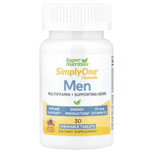 Super Nutrition, SimplyOne®, Men’s Multivitamin + Supporting Herbs with Vitamin A, Vitamin C, Organic Whole Food and Botanical Blend, Wild-Berry, 30 Chewable Tablets - Image 1