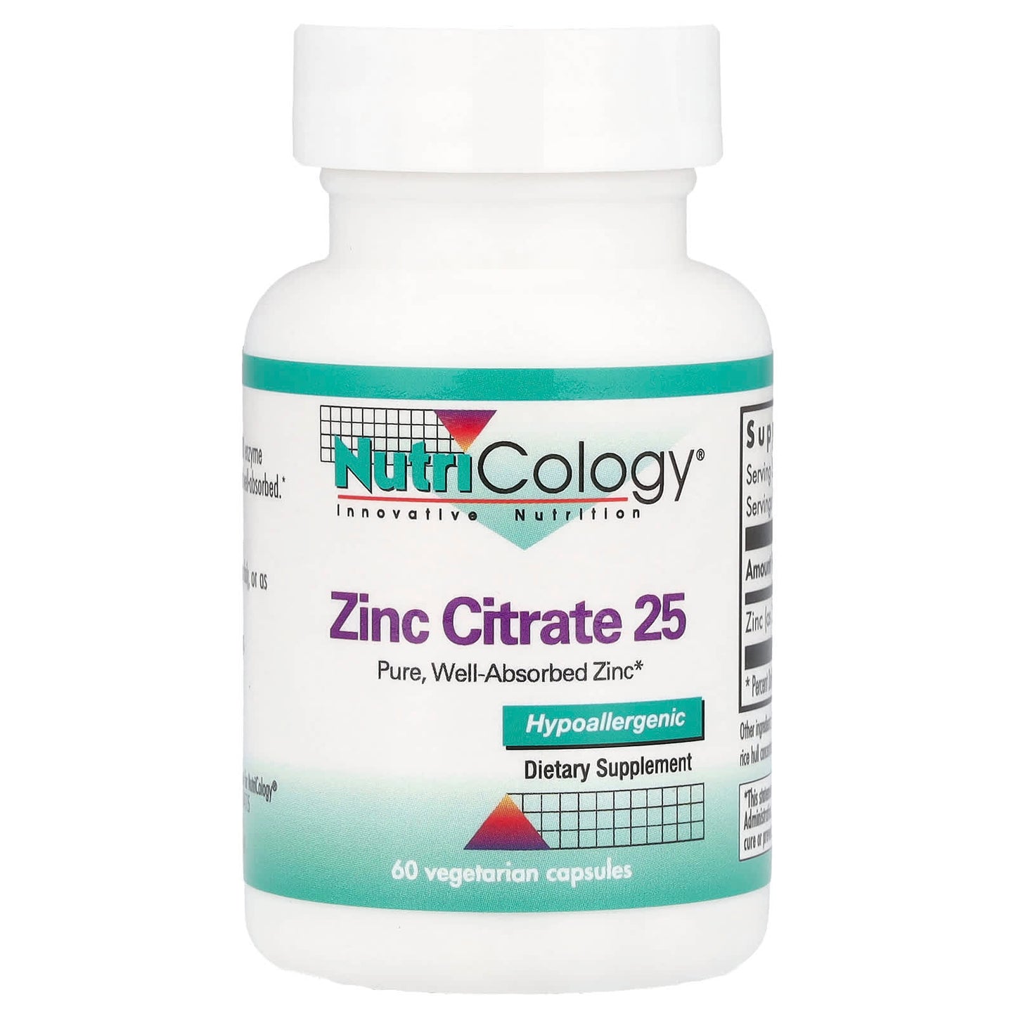 Nutricology, Zinc Citrate 25, 25 mg, 60 Vegetarian Capsules - Image 1