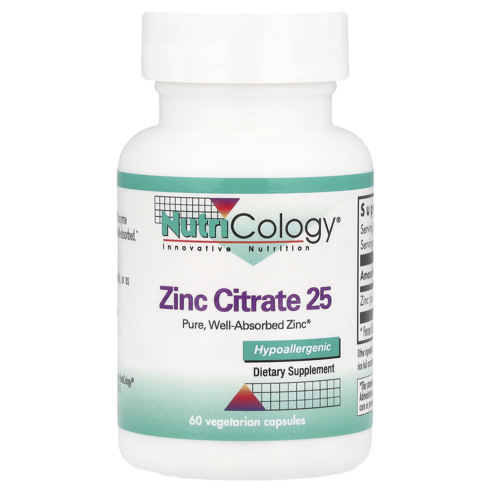 Nutricology, Zinc Citrate 25, 25 mg, 60 Vegetarian Capsules - Image 1