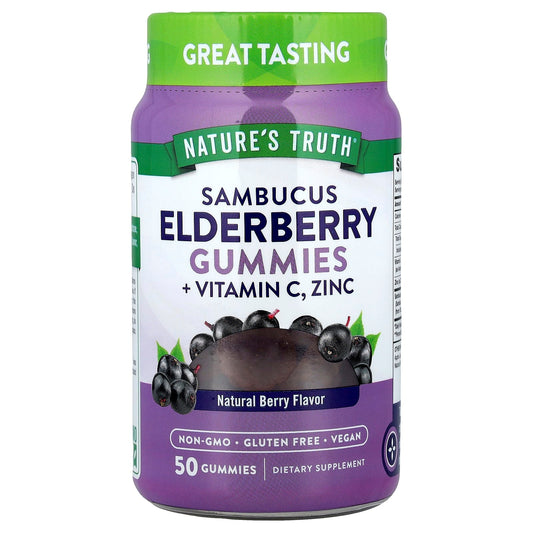 Nature's Truth, Sambucus Elderberry + Vitamin C, Zinc, Natural Berry, 50 Gummies - Image 1
