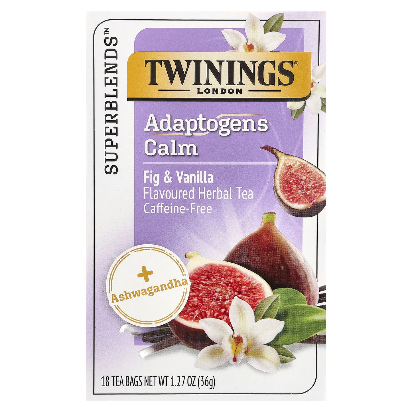 Twinings, Superblends™, Adaptogens Calm Herbal Tea, Fig & Vanilla, Caffeine Free, 18 Tea Bags, 1.27 oz (36 g) - Image 1