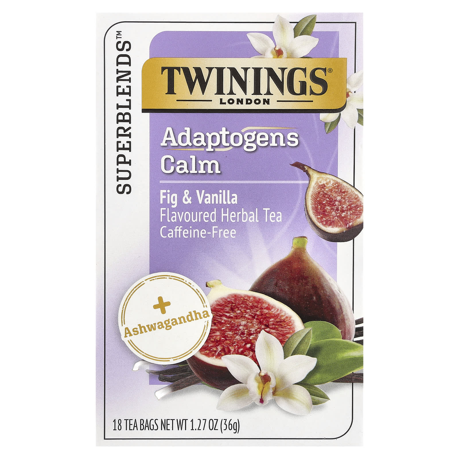 Twinings, Superblends™, Adaptogens Calm Herbal Tea, Fig & Vanilla, Caffeine Free, 18 Tea Bags, 1.27 oz (36 g) - Image 1