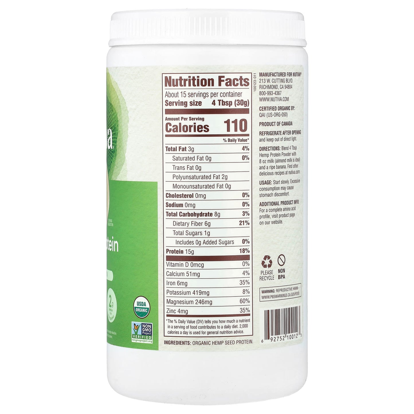 Nutiva, Organic Hemp Protein Powder, 1 lb (454 g) - Image 2
