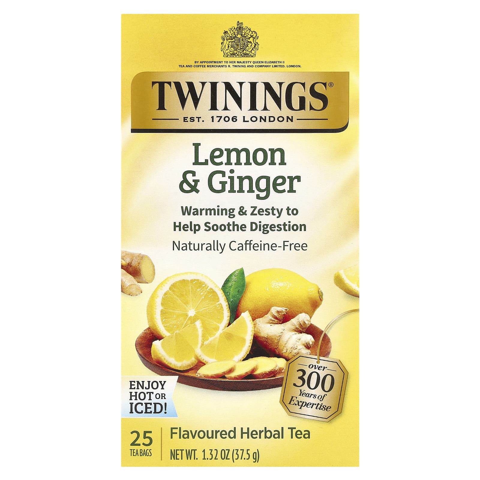 Twinings, Flavored Herbal Tea, Lemon & Ginger, Caffeine Free, 25 Tea Bags, 1.32 oz (37.5 g) - Image 1