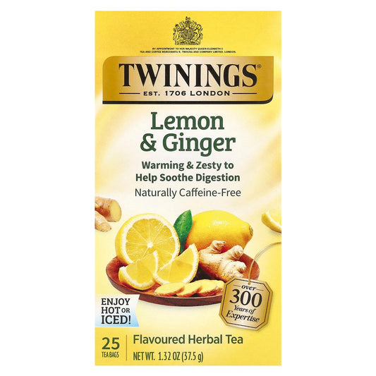 Twinings, Flavored Herbal Tea, Lemon & Ginger, Caffeine Free, 25 Tea Bags, 1.32 oz (37.5 g) - Image 1
