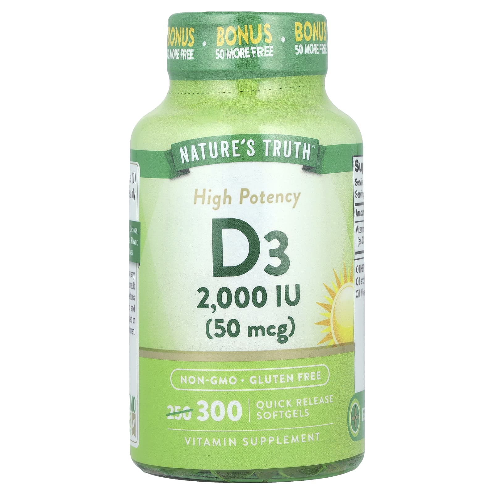 Nature's Truth, Vitamin D3, High Potency, 50 mcg (2,000 IU), 300 Quick Release Softgels - Image 1