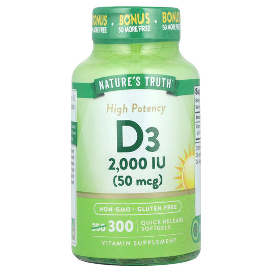 Nature's Truth, Vitamin D3, High Potency, 50 mcg (2,000 IU), 300 Quick Release Softgels - Image 1