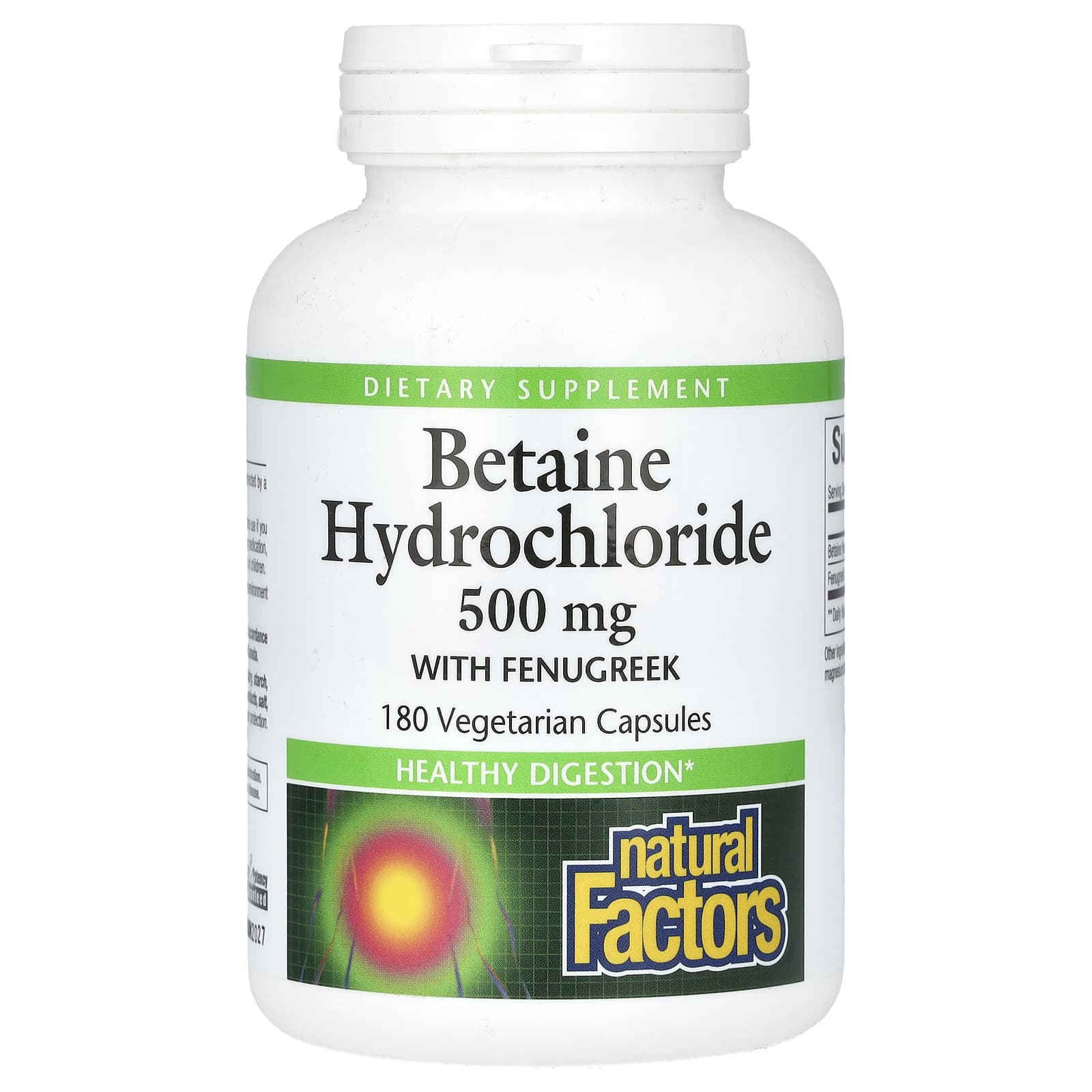 Natural Factors, Betaine Hydrochloride with Fenugreek, 500 mg, 180 Vegetarian Capsules - Image 1