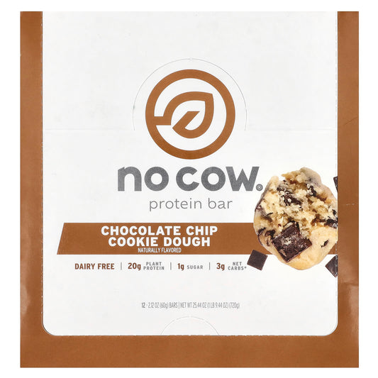 No Cow, Protein Bar, Chocolate Chip Cookie Dough, 12 Bars, 2.12 oz (60 g) Each - Image 1