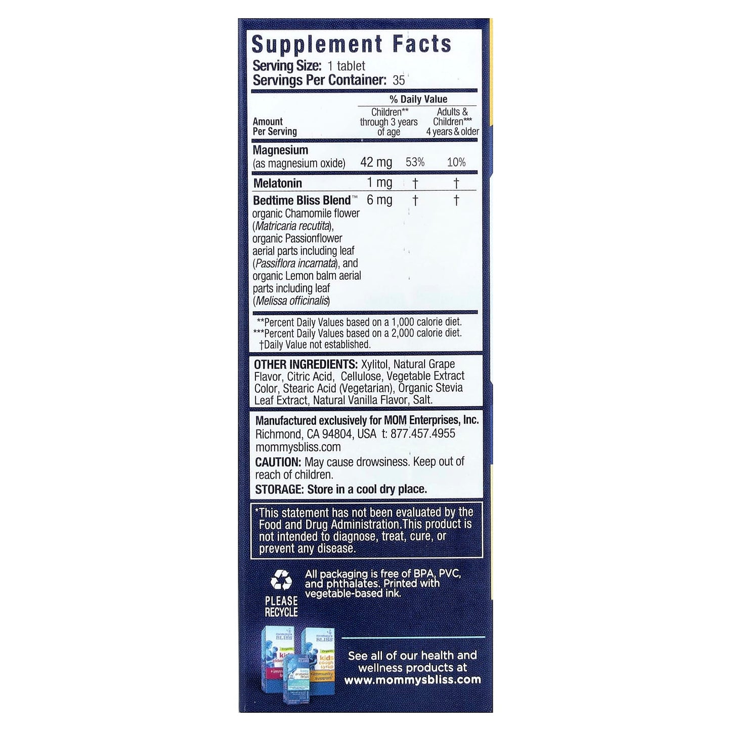 Mommy's Bliss, Kids Sleep Chewable, Melatonin + Magnesium, Kids 3 Yrs+, Natural Grape, 35 Chewable Tablets - Image 2