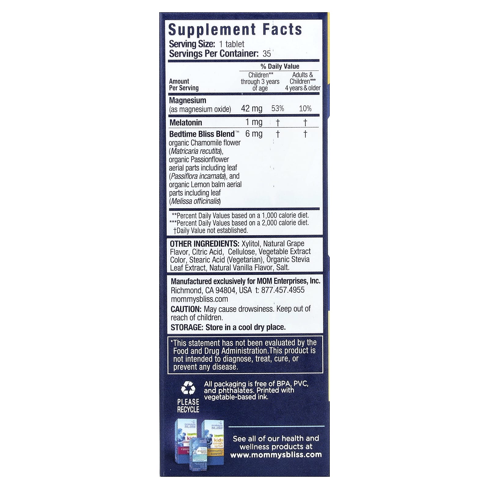 Mommy's Bliss, Kids Sleep Chewable, Melatonin + Magnesium, Kids 3 Yrs+, Natural Grape, 35 Chewable Tablets - Image 2