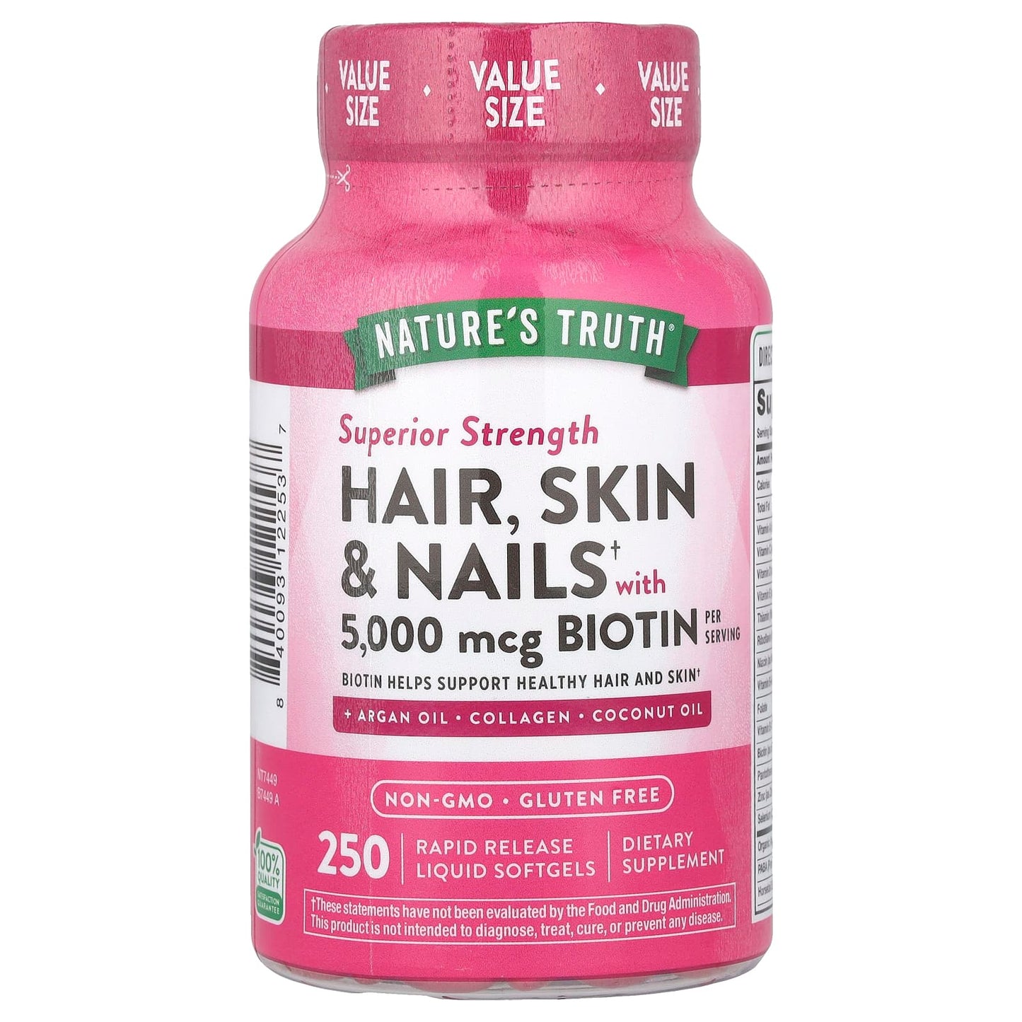 Nature's Truth, Hair, Skin & Nails with Biotin, Superior Strength, 250 Rapid Release Liquid Softgels - Image 1