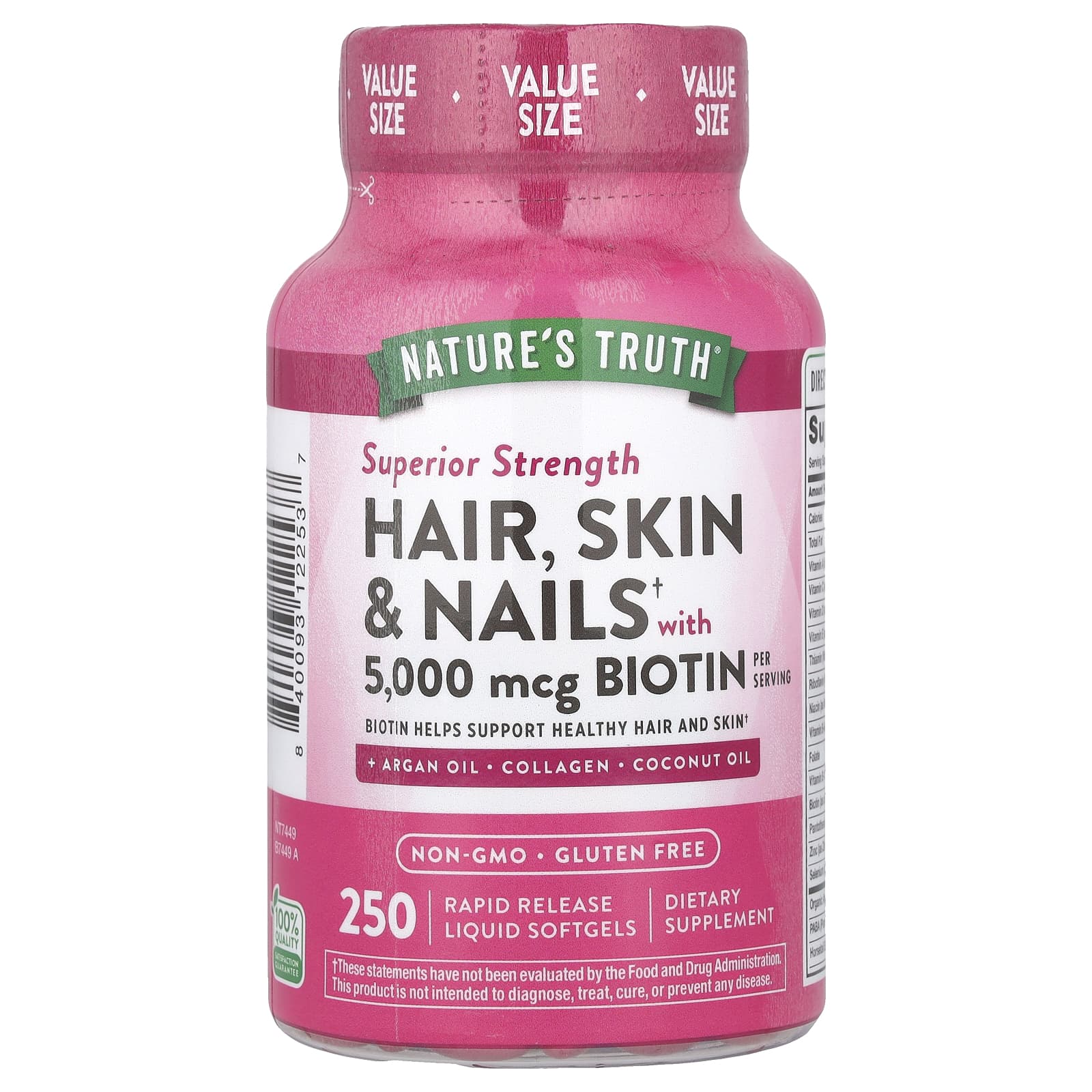 Nature's Truth, Hair, Skin & Nails with Biotin, Superior Strength, 250 Rapid Release Liquid Softgels - Image 1