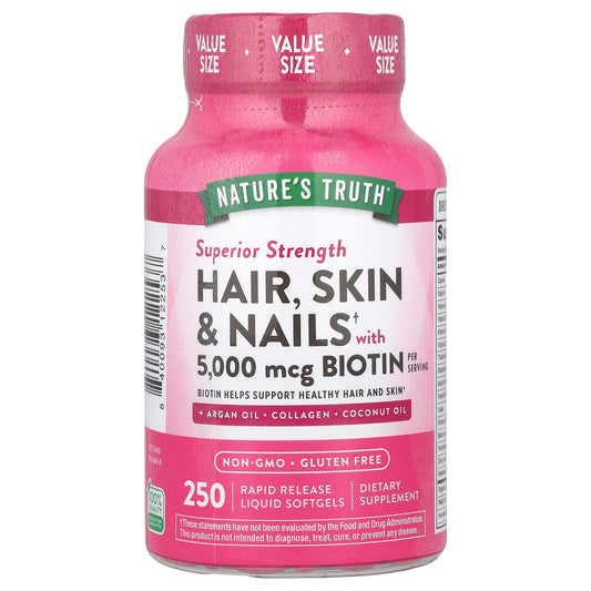 Nature's Truth, Hair, Skin & Nails with Biotin, Superior Strength, 250 Rapid Release Liquid Softgels - Image 1