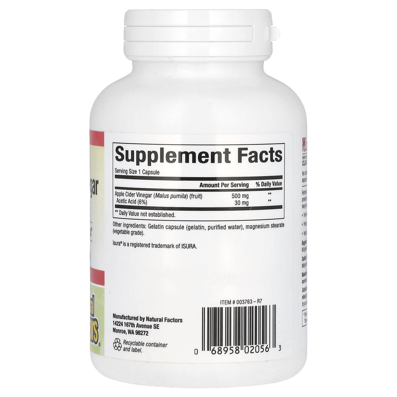 Natural Factors, Fermented Apple Cider Vinegar, 500 mg, 180 Easy to Swallow Capsules - Image 2