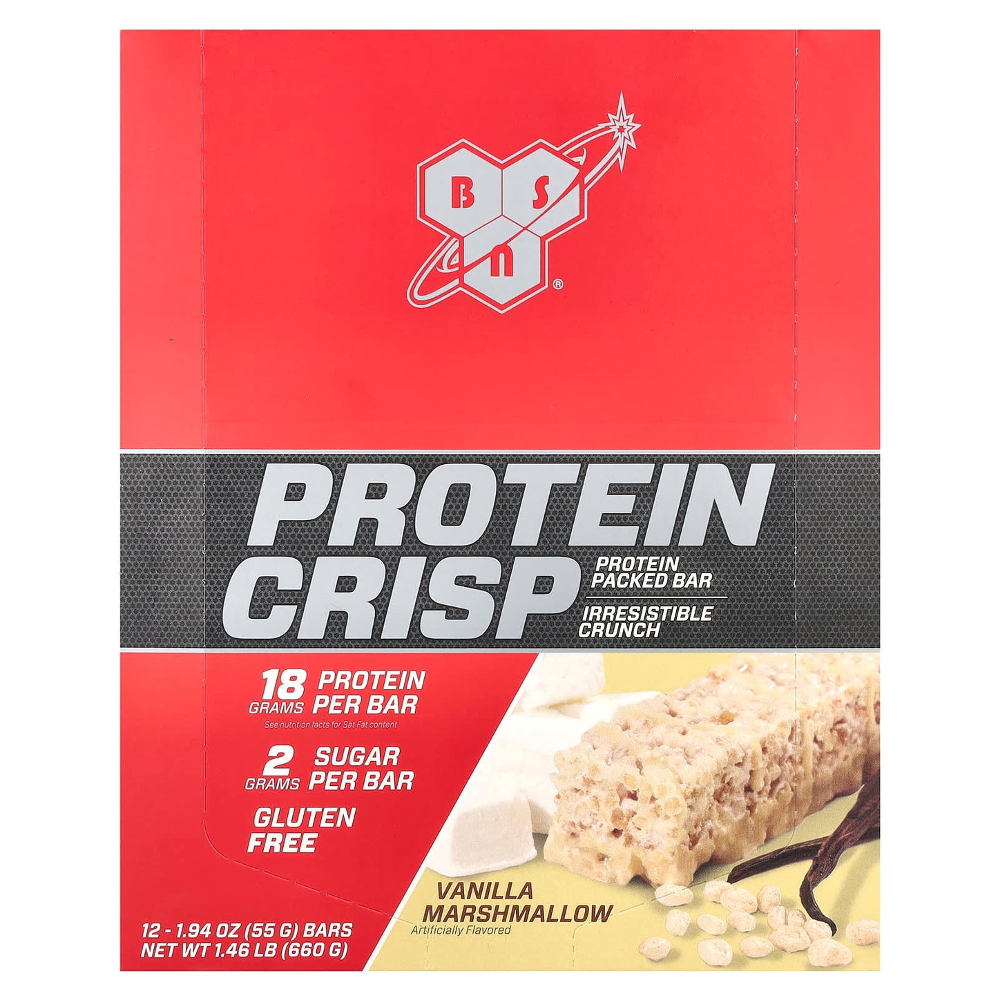 BSN Protein Crisp Bar, Vanilla Marshmallow, 12x 1.94 oz Bars - Image 1
