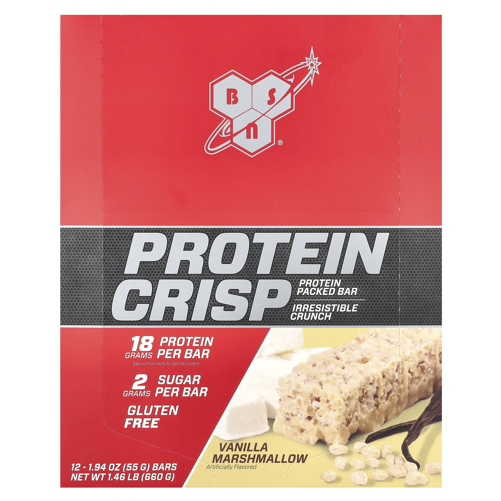 BSN Protein Crisp Bar, Vanilla Marshmallow, 12x 1.94 oz Bars - Image 1