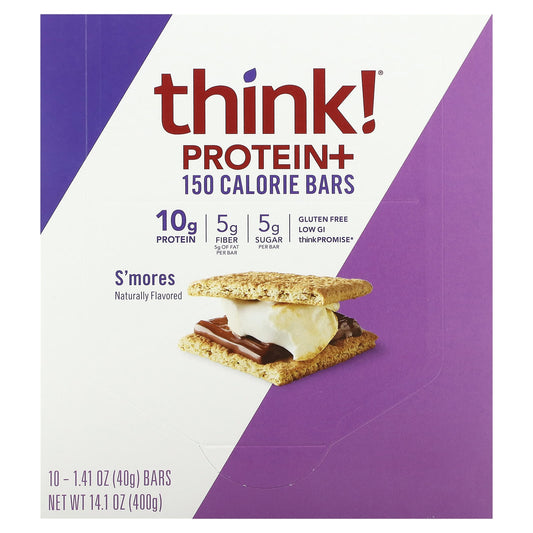 Think !, Protein+ 150 Calorie Bars, S'mores, 10 Bars, 1.41 oz (40 g) Each - Image 1